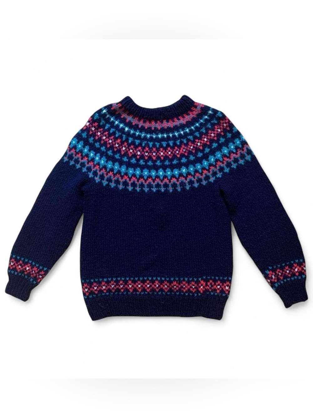 Vintage 80s Chunky Knit Oversized Patterned Dark Blue & Pink Sweater